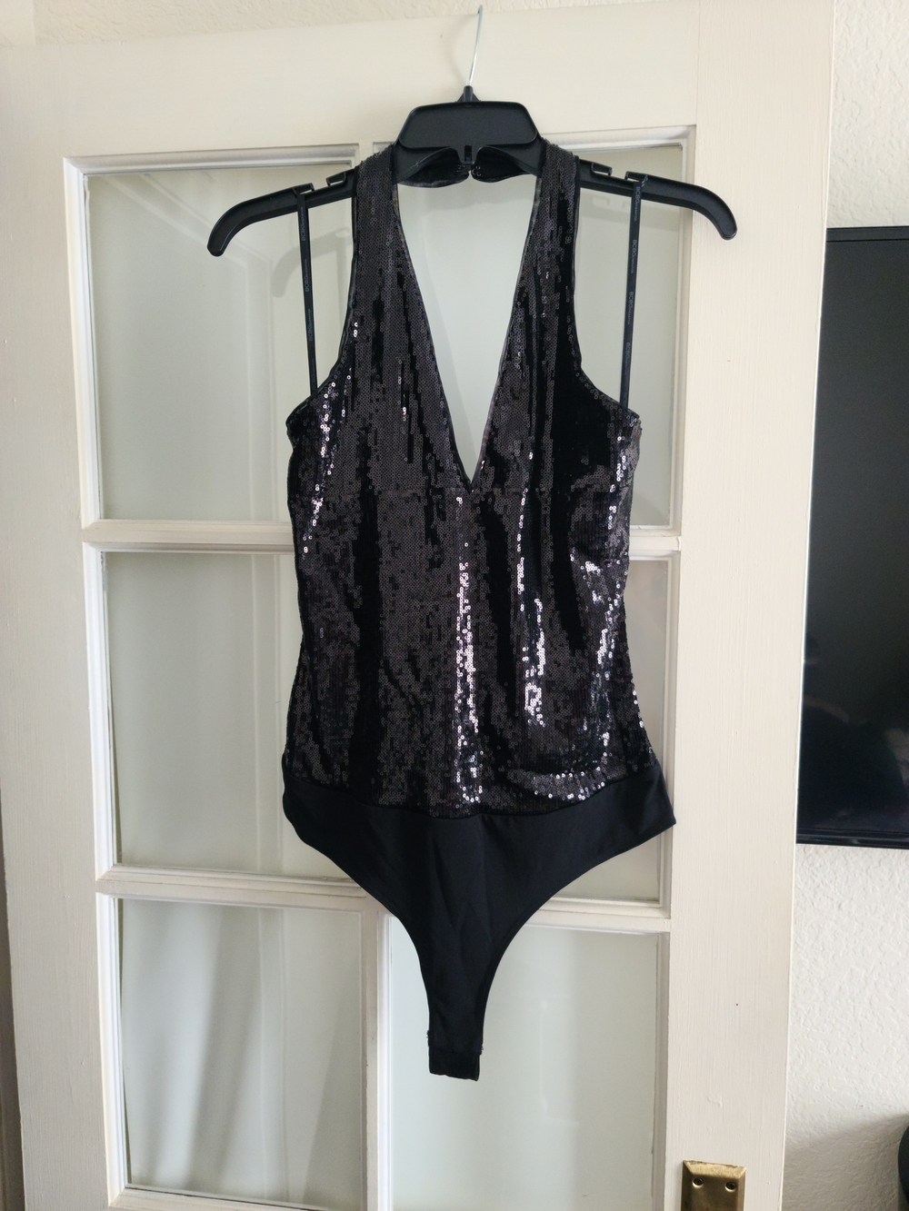 BCBGeneration Black Sequin V-Neck Bodysuit